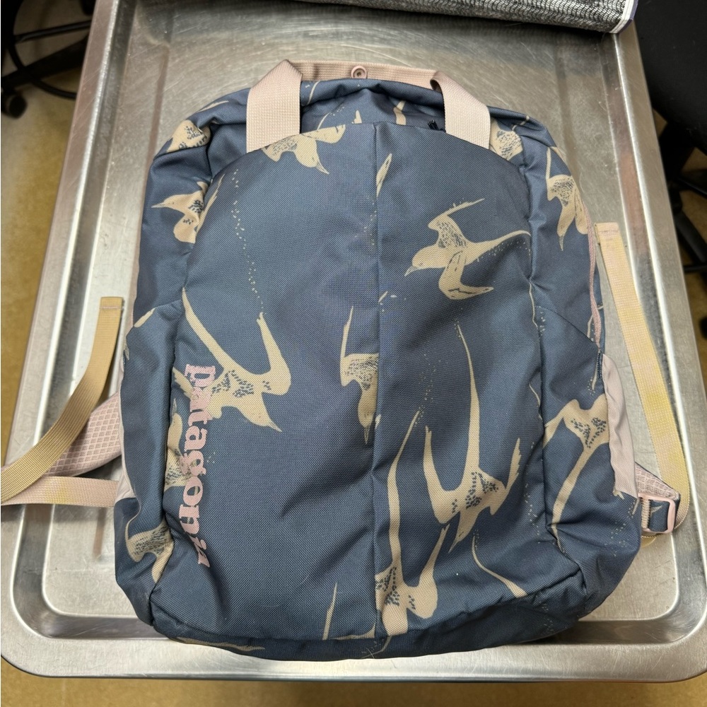Patagonia 20 L backpack, gently used. Blue and grey with birds. Good condition.